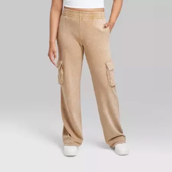 wild fable Pants - Wild Fable Acid Wash Tan High Rise Wide Leg Cargo Sweatpants Size XL